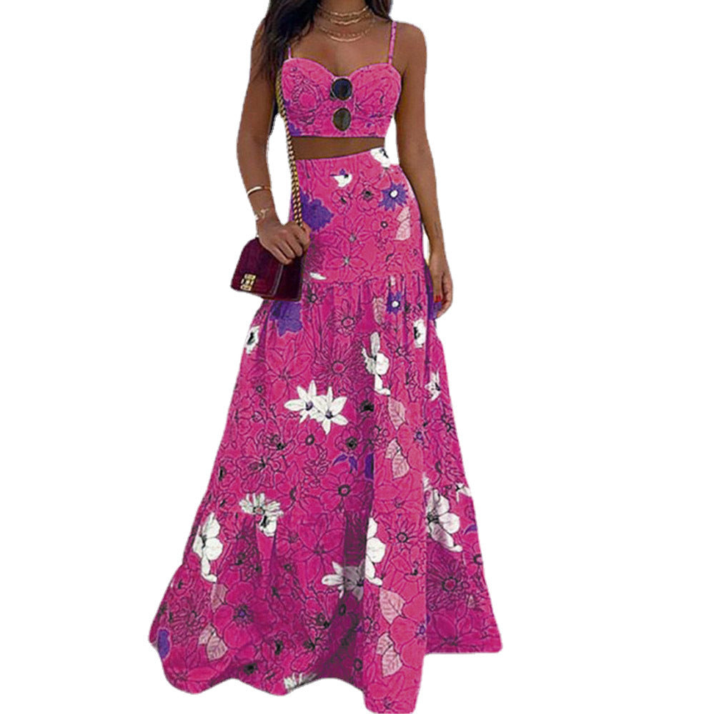 Kvinders Blomster Crop Top og Maxi Nederdel Sæt Stilla