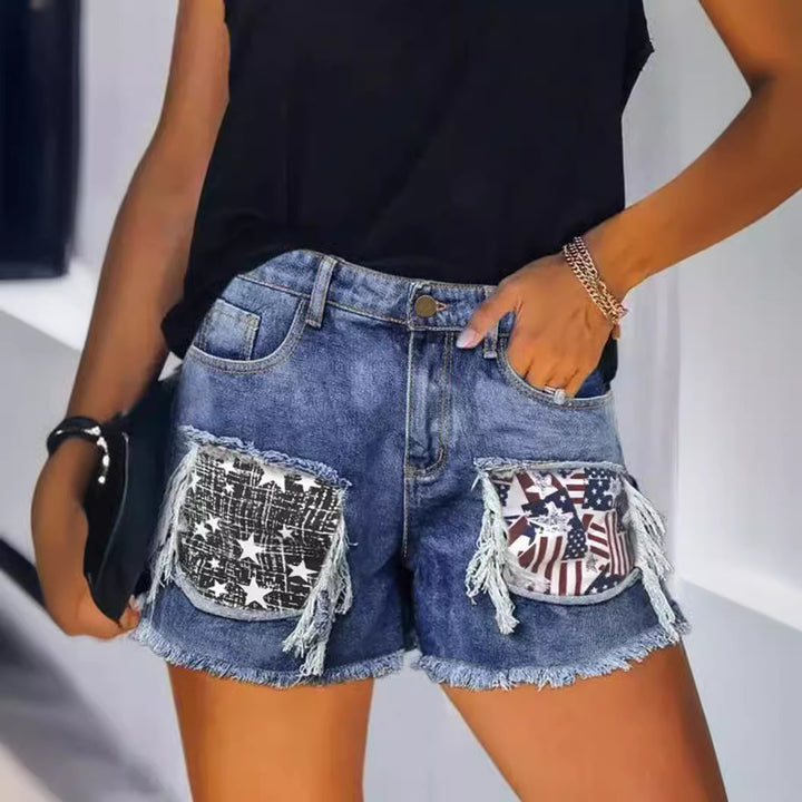 Dame Destroyed Denim-Shorts med frynsede lommer og stilfulde patches Skovae
