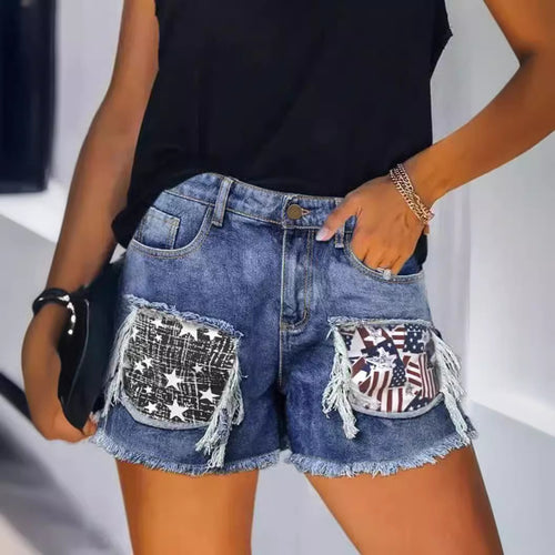 Dame Destroyed Denim-Shorts med frynsede lommer og stilfulde patches Skovae