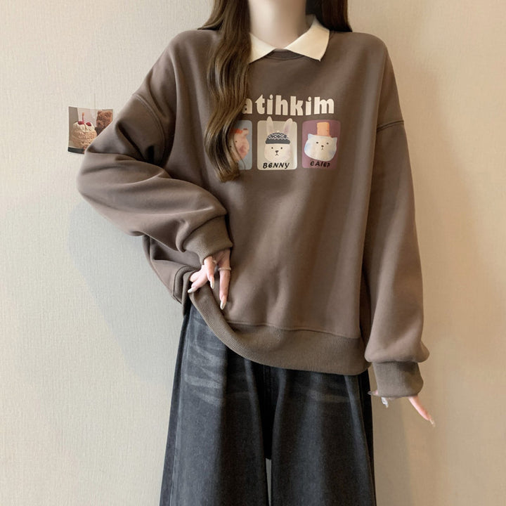 Femme Lækkert grafik-sweatshirt med kontrastkraveskilling Stilla