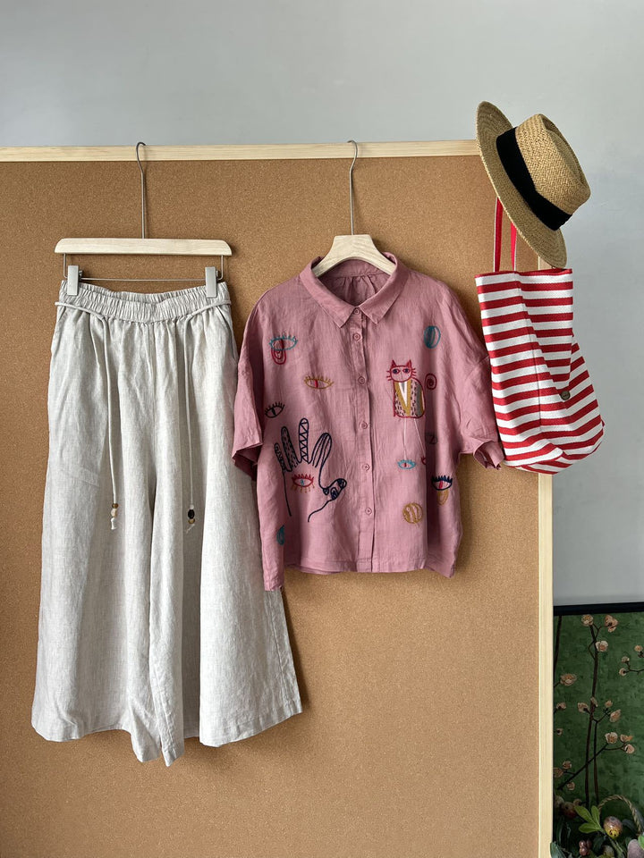 Femme Broderet Kort Button-Up Skjorte og Højtaljet Maxi Nederdel Sæt Stilla