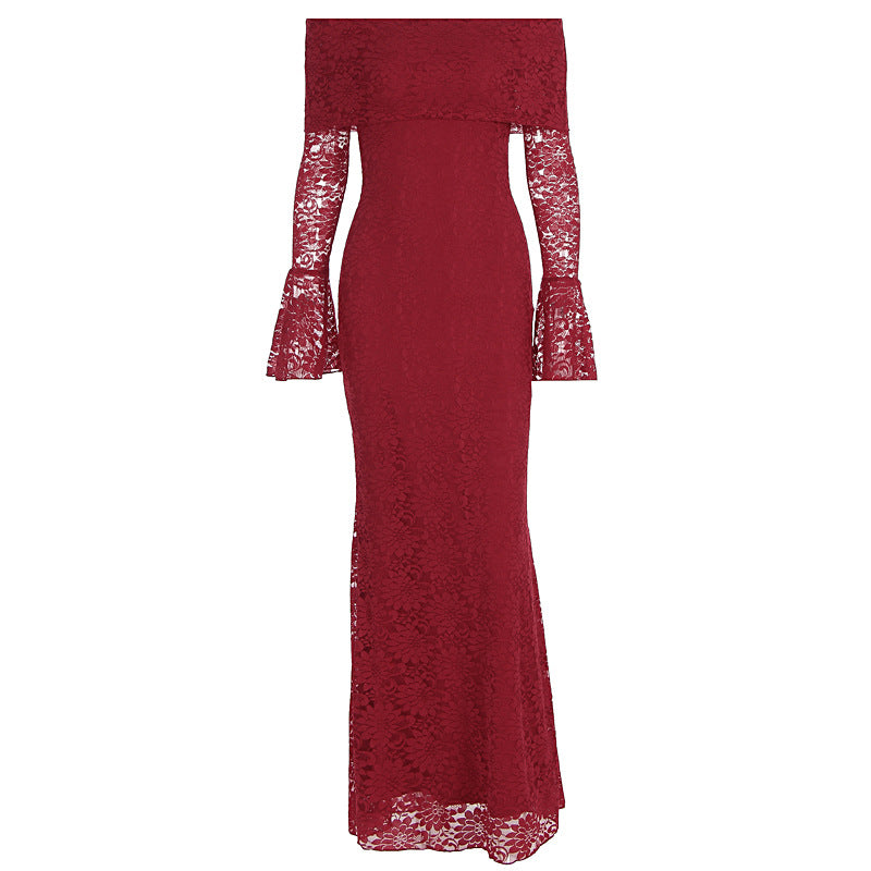 Damer Elegant Blondekjole med Off-Shoulder Design og Skøder Skovae