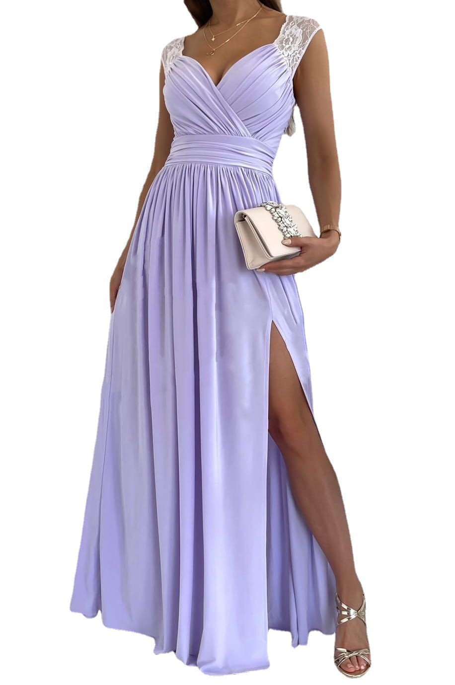 Dame elegant maxikjole med transparente spidsdetaljer og sidelukning Stilla