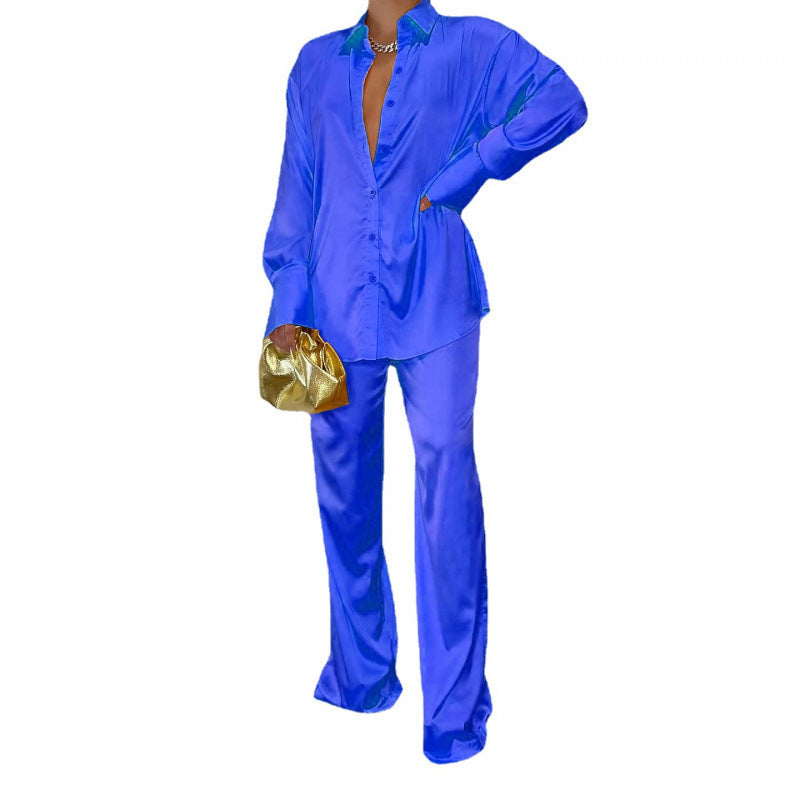 Femme Satin-Skjorte og Bukser Sæt Stilla