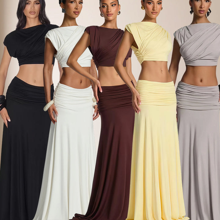 Dame Elegant Wrap Kjole med Draperet Top og Flydende Nederdel Skovae