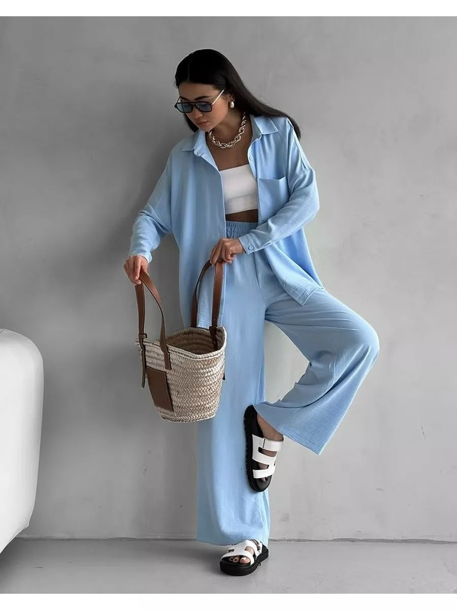 Dame løs linned-buksedragt sæt med elegant bluse og elastisk talje Stilla