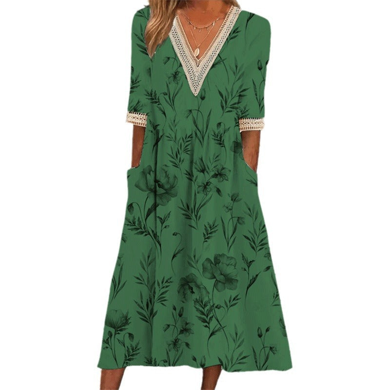 Stilla | Elegant Print V-hals Blonde Tre-vendt kvart Ærme Kjole