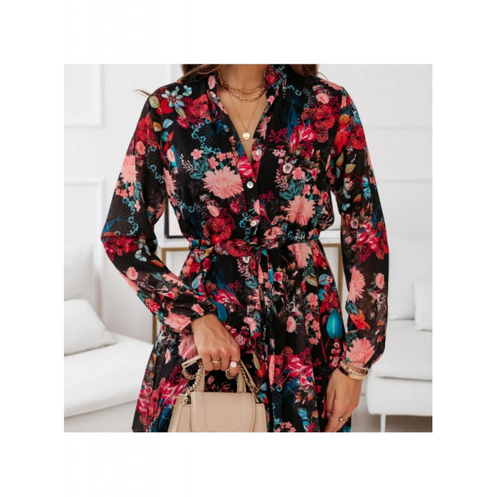 Dame Floral Print Skjortekjole med Bælte Talje Stilla