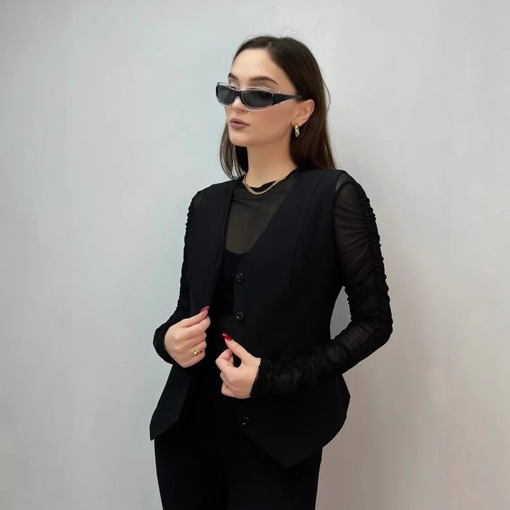 Dame skræddersyet blazer med ruffle-detaljer og transparente ærmer Stilla