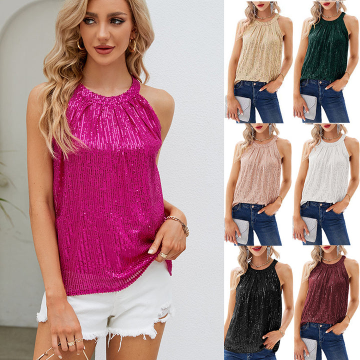 Dame Glitrende Sommertop med Halterneck og glitrende Pailletter Stilla