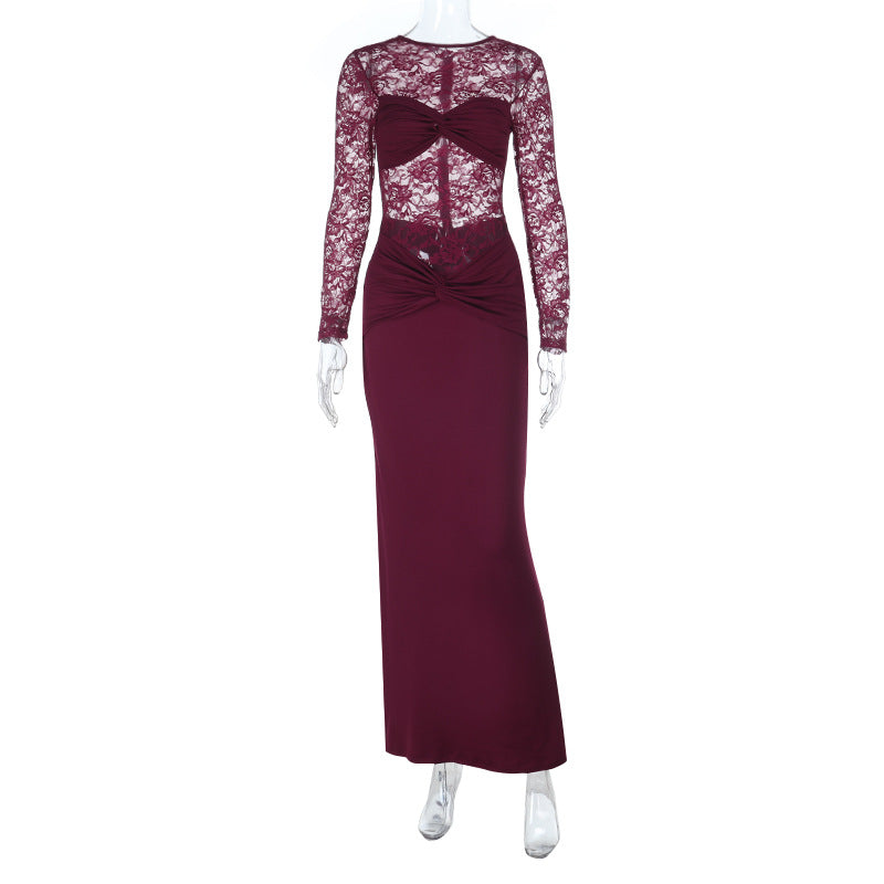 Dame Elegant Langærmet Blondekjole med figursyet Design Skovae