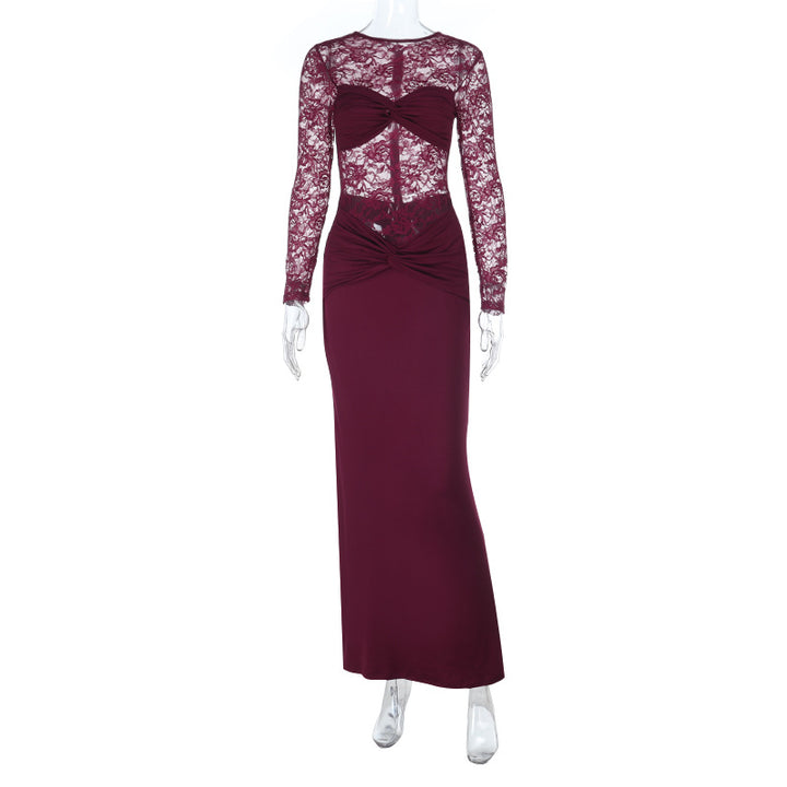 Dame Elegant Langærmet Blondekjole med figursyet Design Skovae