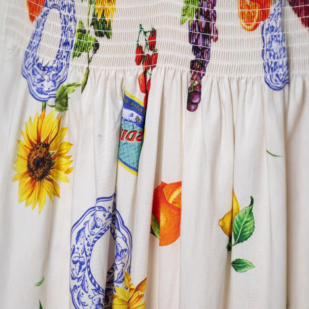 Femme Smocked Maxi Kjole med livligt Frugtprint Stilla