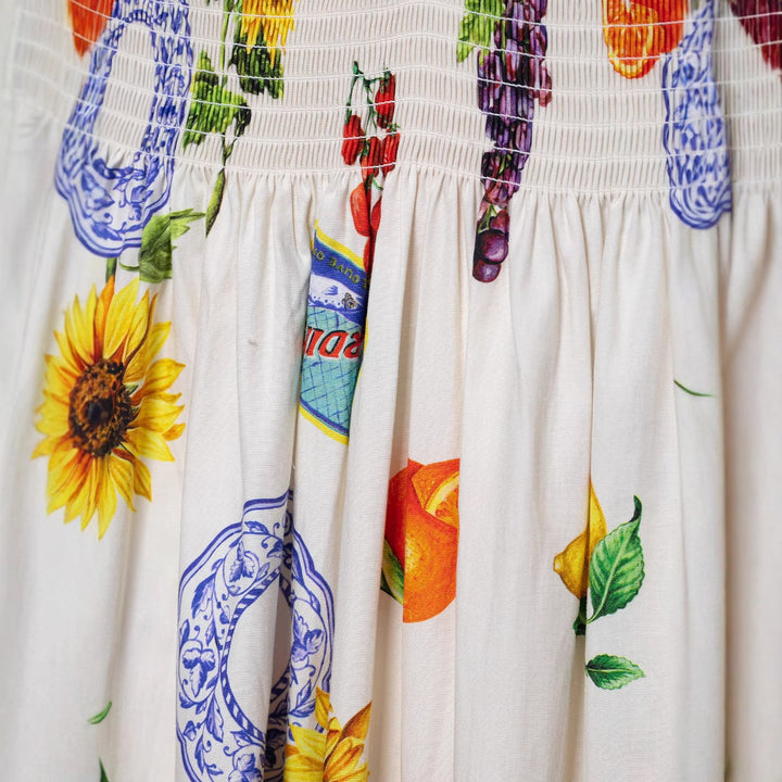 Femme Smocked Maxi Kjole med livligt Frugtprint Stilla