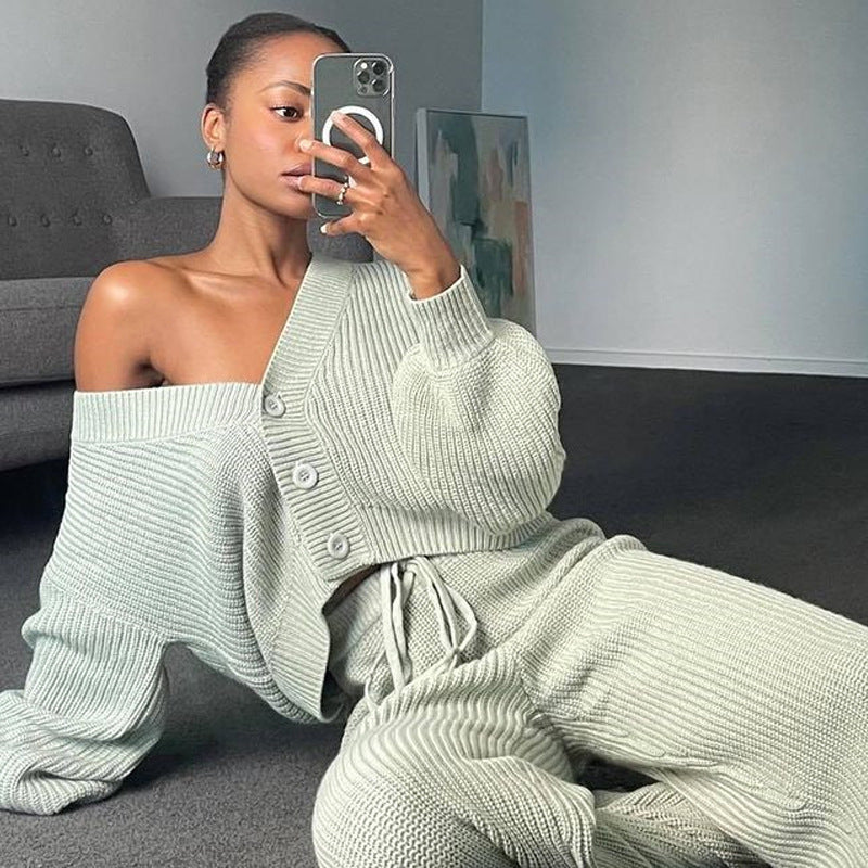 Kvinders strikket loungewear sæt med knapdetaljer og elastisk talje Skovae