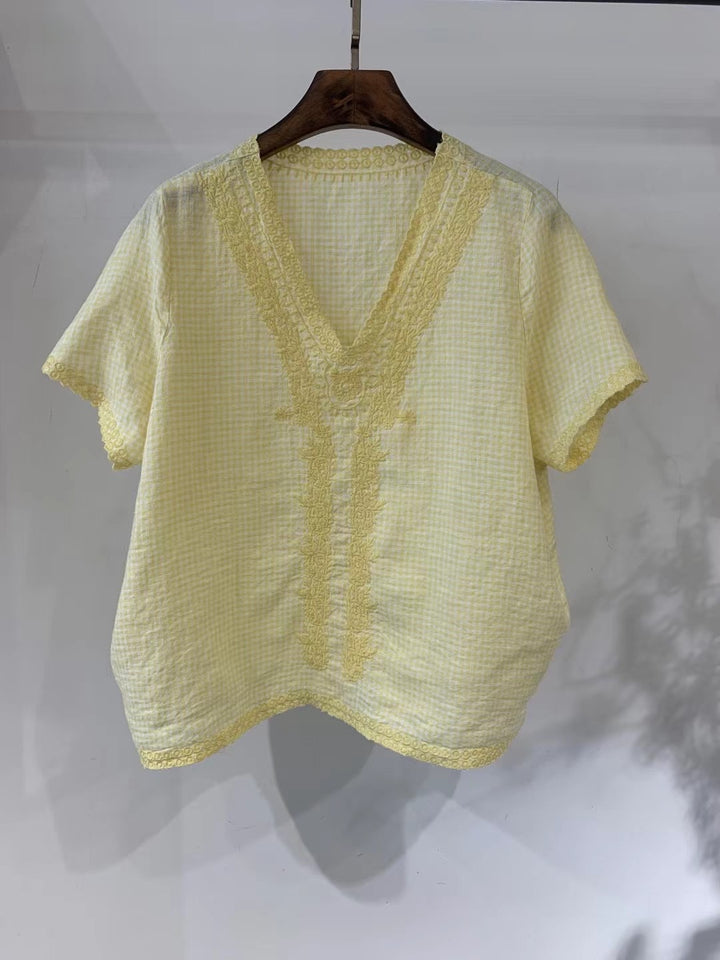 Femme Broderet V-Hals Bomuldsbluse Stilla