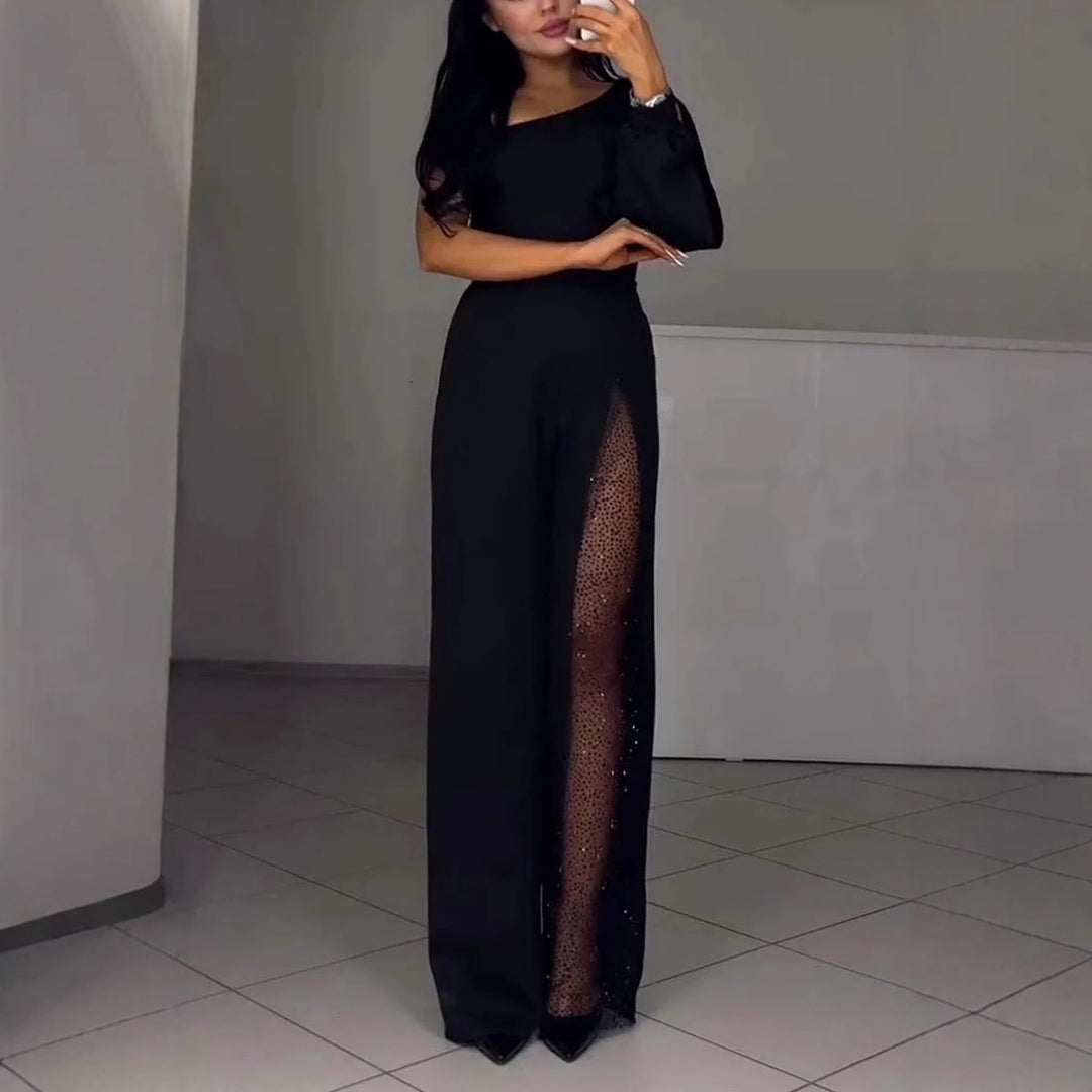 Asymmetrisk ensidig dame-jumpsuit med palietpanel Stilla