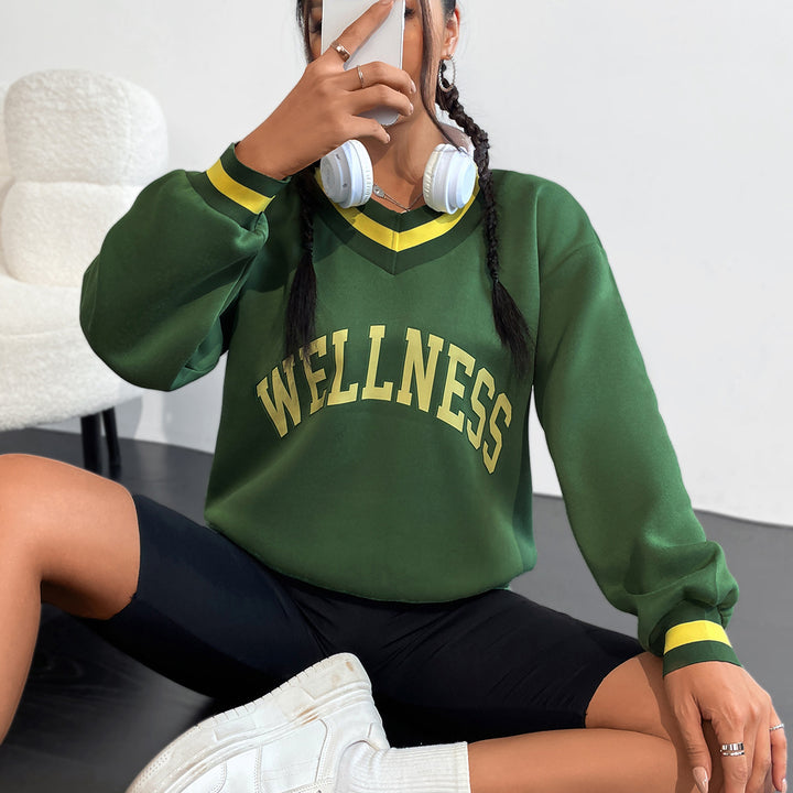 Kvinders sweatshirt med V-hals og kreativ wellness print Stilla