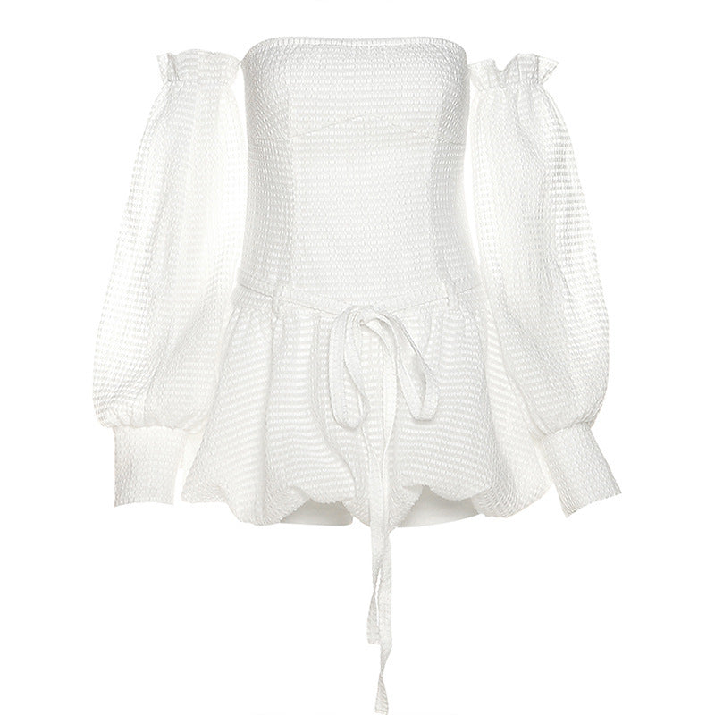 Dame Off-Shoulder Minikjole med voluminøse puffærmer og raffineret flæsedesign Stilla