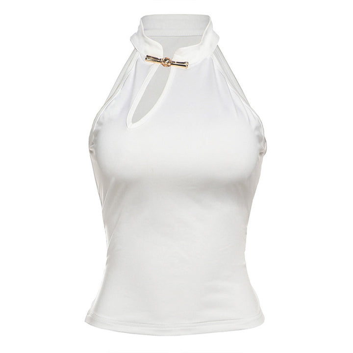 Dame moderne højkrave top med elegant slids og gylden accent Skovae