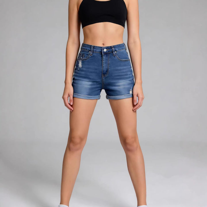 Dame High-Waist Denim-Shorts med afslappet snit og moderne destroyed-detaljer Skovae