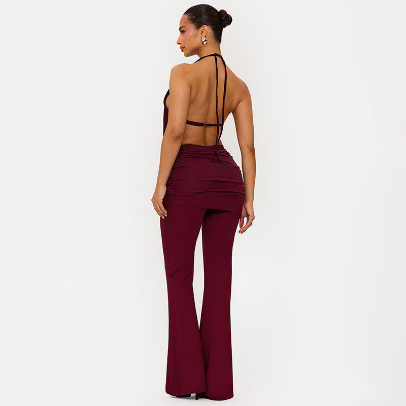 Dame Elegant jumpsuit med dobbelt krave og trendy rynkning Skovae