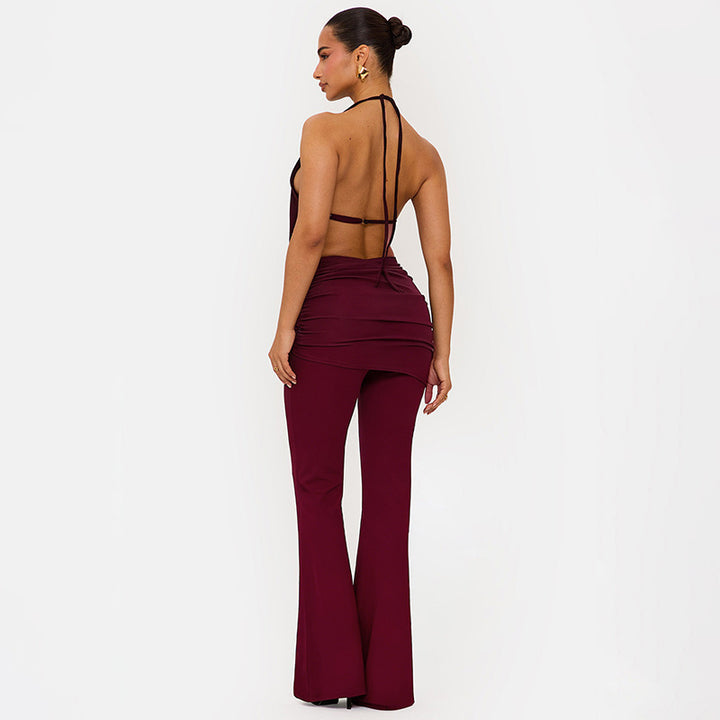 Dame Elegant jumpsuit med dobbelt krave og trendy rynkning Skovae