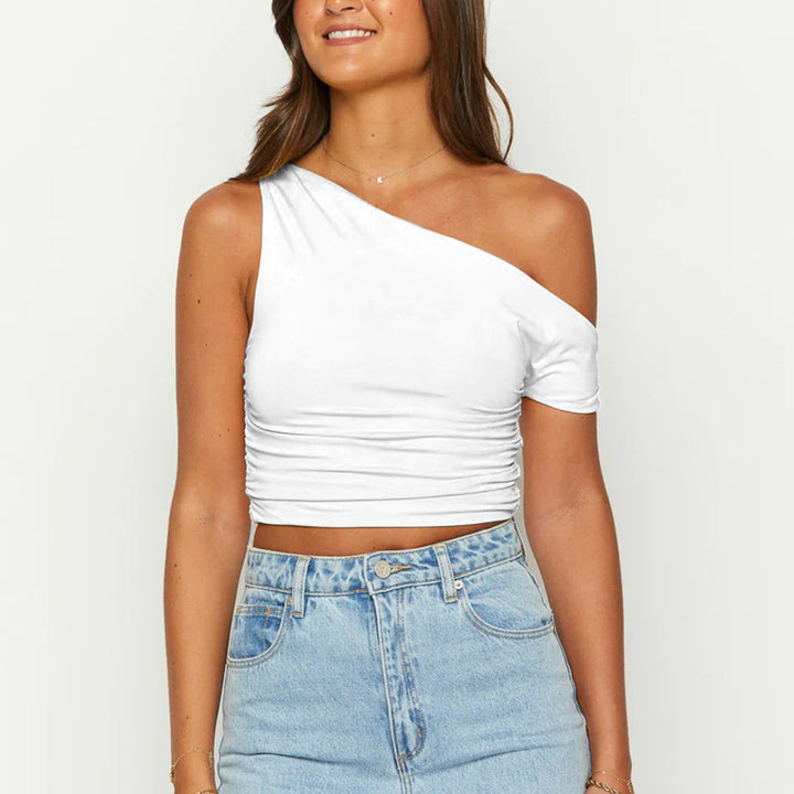 Dame asymmetrisk Crop-Top med rynker Skovae