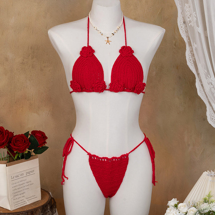 Dame Elegant Hæklet Bikini Sæt med blomsterapplikationer Skovae