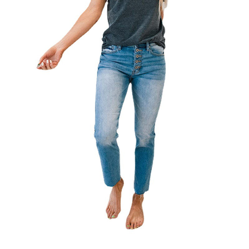 Damens højtaljede jeans i slidte look med knaplukning og frynsede kanter Skovae