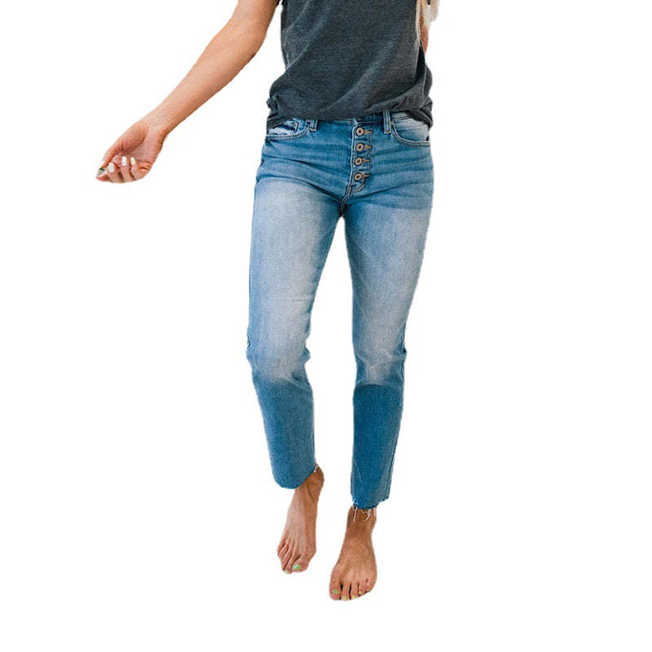 Damens højtaljede jeans i slidte look med knaplukning og frynsede kanter Skovae