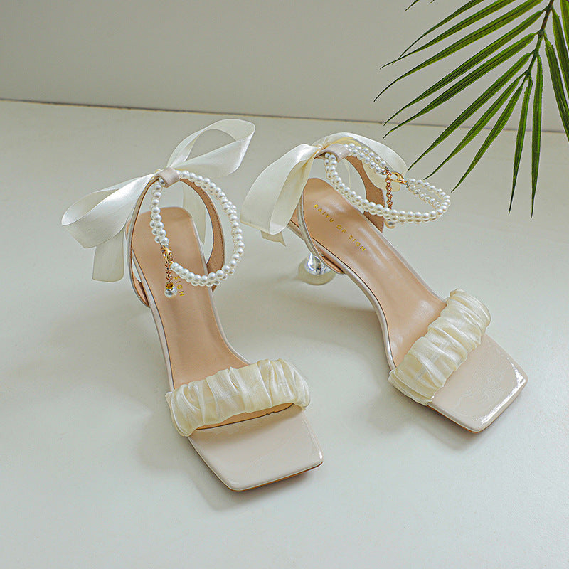 Dame Elegant Volant Blokhæl Sandaler med Perle Accent Stilla