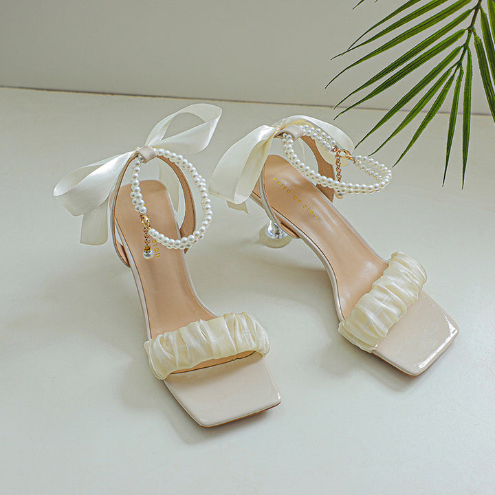 Dame Elegant Volant Blokhæl Sandaler med Perle Accent Stilla