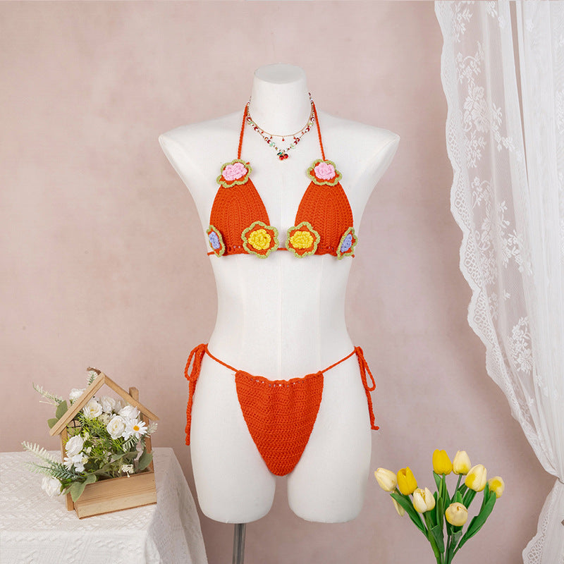 Dame hækle-bikini med legende blomsterdesign og justerbare bånd Skovae