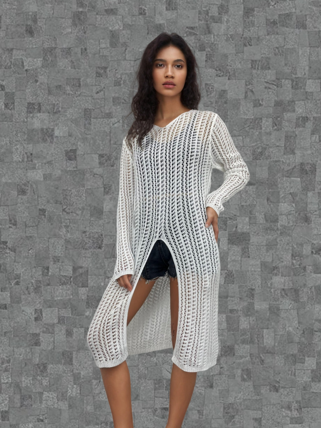 Damer lang sweater med sofistikeret netdesign Stilla