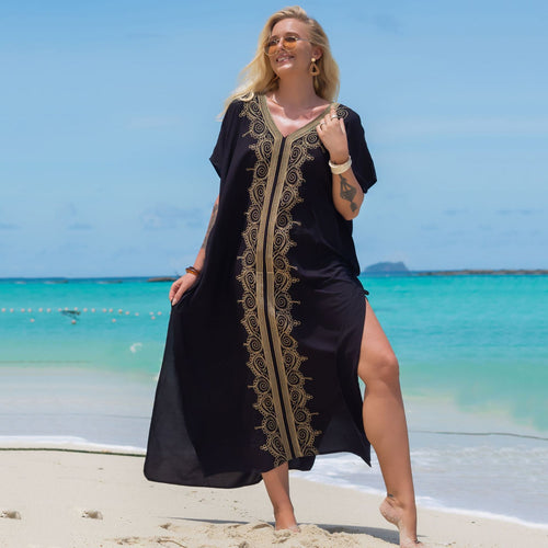 Dame Strandkaftan med kunstnerisk gyldent broderidesign og sidelange slids Stilla