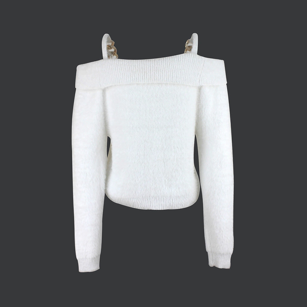 Dame skulderfri, elegant pullover med dekorative kædeaccentuer Stilla
