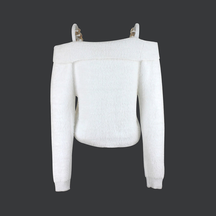 Dame skulderfri, elegant pullover med dekorative kædeaccentuer Stilla