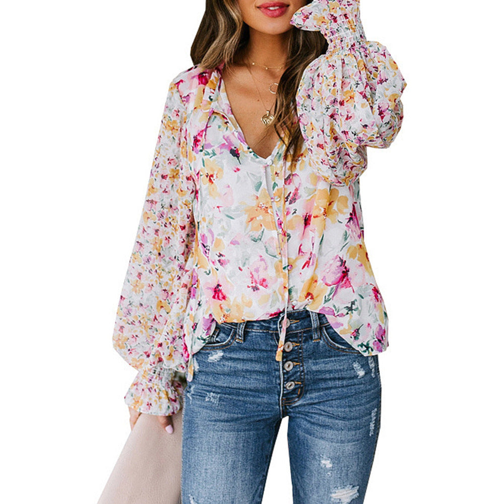 Damer Blomster mønster blouse top med brede ærmer Stilla