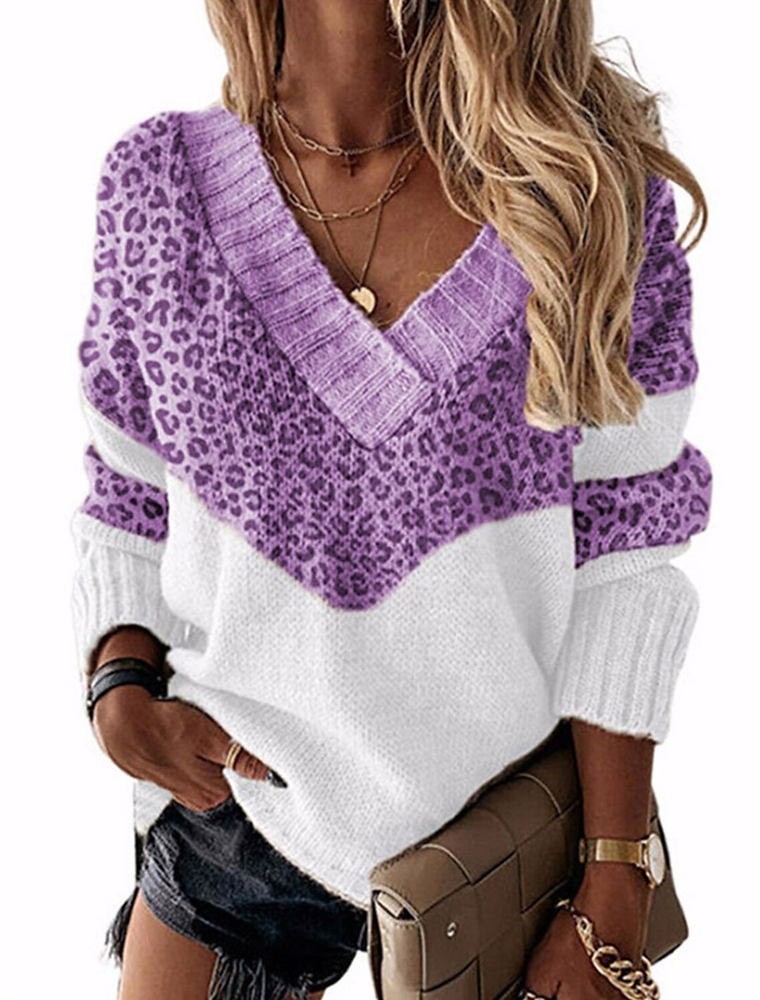 Dame moderigtig V-udskæring pullover med leopardmønster Stilla
