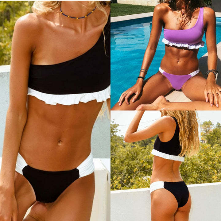 Dame triangel-bikini med asymmetrisk snit og flæsedetaljer Skovae