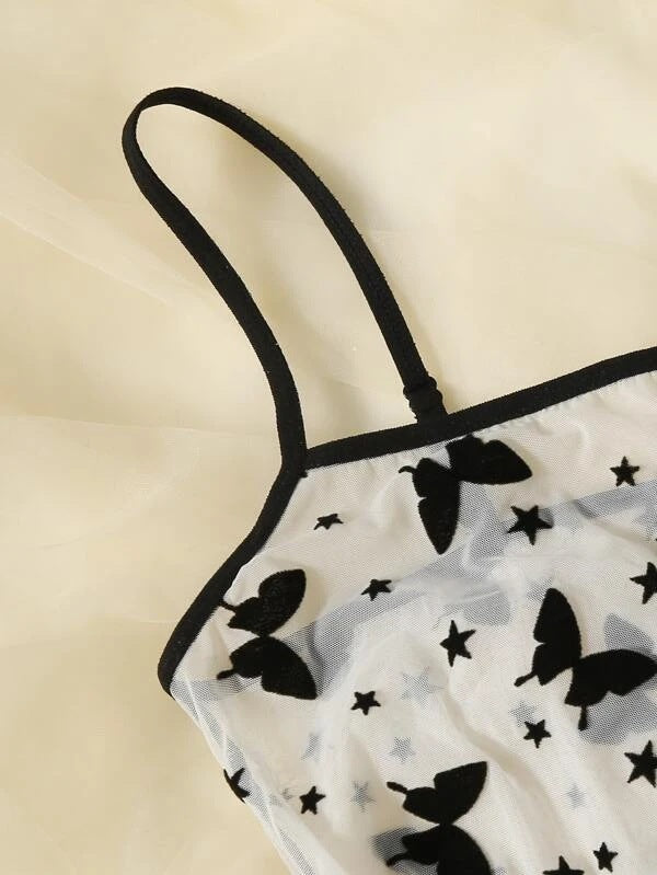 Dame Sommerfugltryk Gennemsigtig Bodystocking med Satinbånd-Detalje Stilla