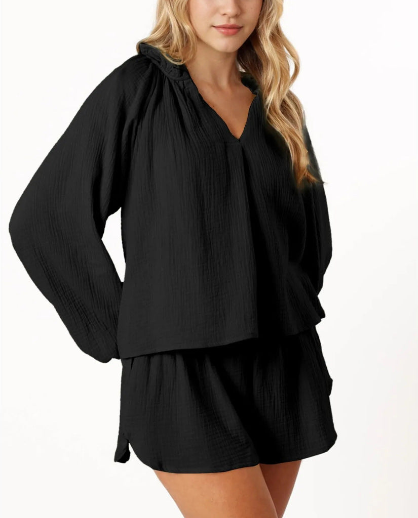 Dame let kortærmet loungewear-sæt med vide ærmer og V-hals Stilla