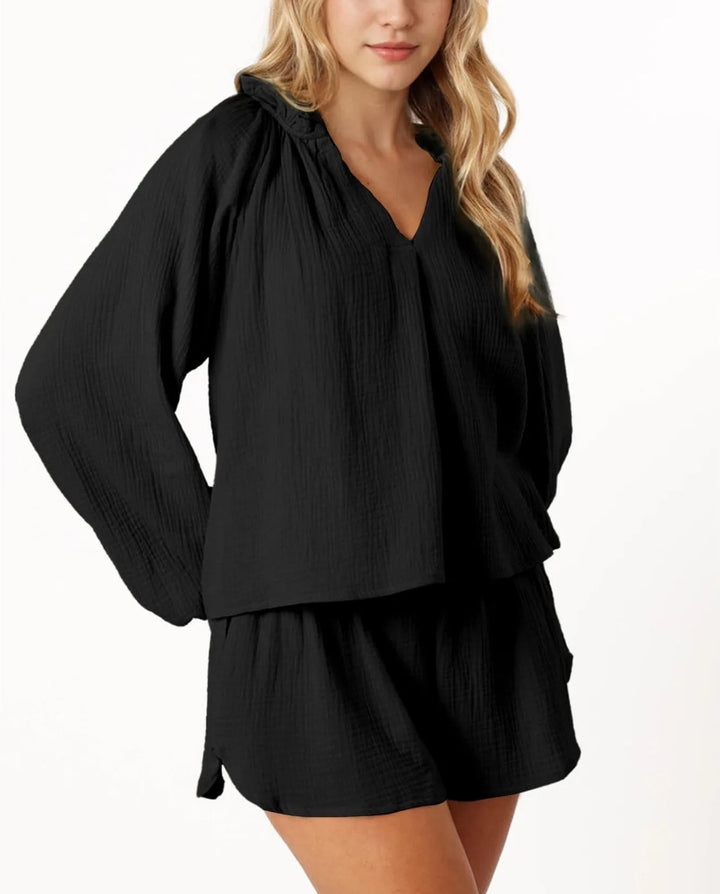 Dame let kortærmet loungewear-sæt med vide ærmer og V-hals Stilla