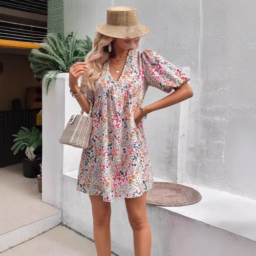 Dame Floral Print Puff Sleeve Mini Kjole Stilla