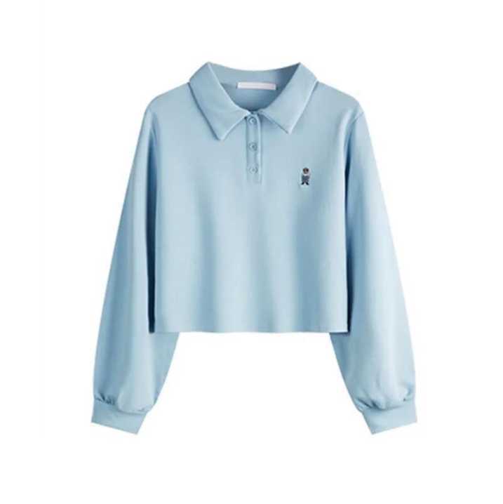 Dame skåret langærmet polo-top med stilfuld broderi Stilla