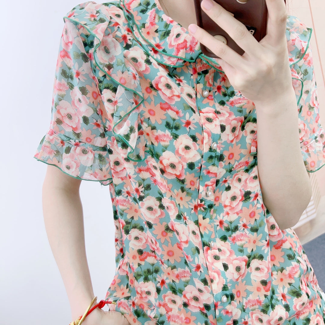 Dame Gennemsigtig Bluse med flæse-detaljer og blomster mønster Stilla