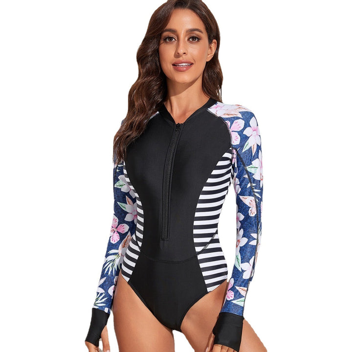 Dame Sporty Langærmet Badedragt med Lynlås og Blomstret Design Stilla