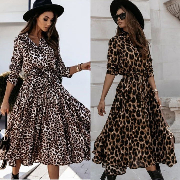 Dame Leopardprint Midi Skjortekjole Stilla