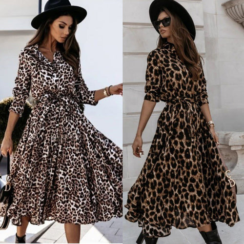 Dame Leopardprint Midi Skjortekjole Stilla